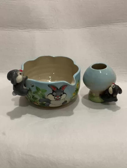 Fairytale Bunny Garden 3D Handcrafted Ceramic Matcha Bowl and Mushroom Whisk Holder Set • HX05