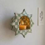 Handmade Checkerboard Ceramic Wall Candle Holder, Sunburst Silhouette, Cottagecore Decor | LA110