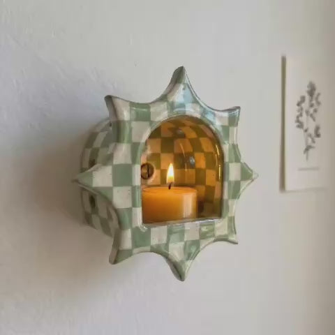 Handmade Checkerboard Ceramic Wall Candle Holder, Sunburst Silhouette, Cottagecore Decor | LA110