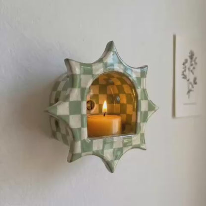 Handmade Checkerboard Ceramic Wall Candle Holder, Sunburst Silhouette, Cottagecore Decor | LA110