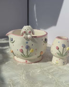 Cute 3D Bunny & Tulip Ceramic Matcha Bowl and Whisk Holder Set • HX04