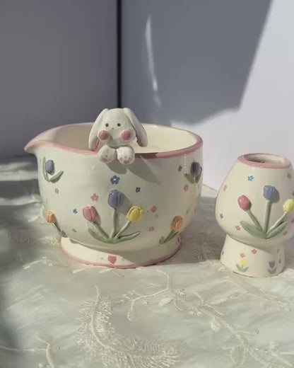 Cute 3D Bunny & Tulip Ceramic Matcha Bowl and Whisk Holder Set • HX04