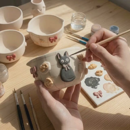 Checkered Jiji Cat Matcha Bowl | Handmade Ceramic Chawan | LA019