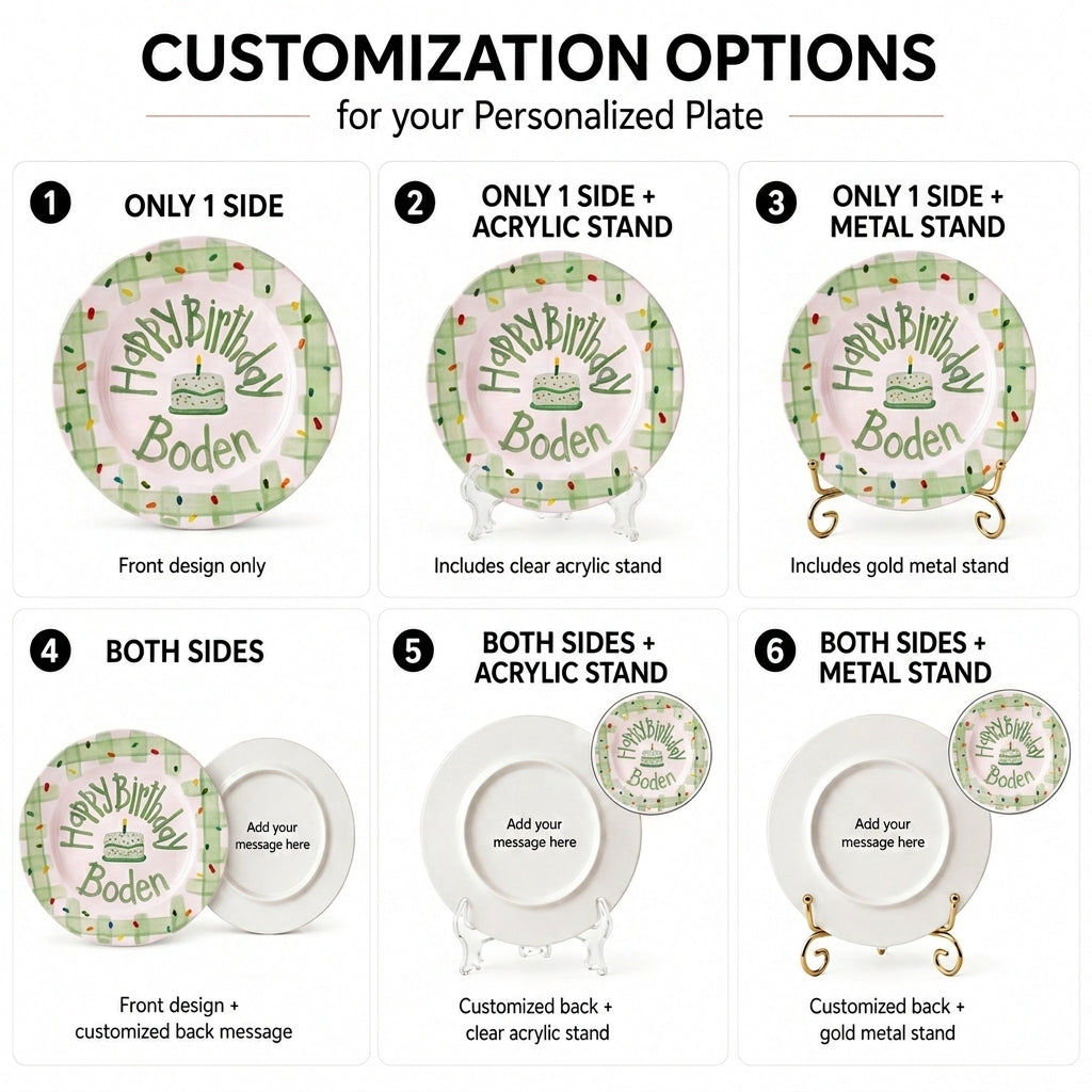 Personalized Birthday Plate – Green Gingham Border & Sprinkle Cake Design | B096