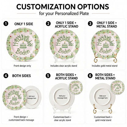 Personalized Birthday Plate – Green Gingham Border & Sprinkle Cake Design | B096