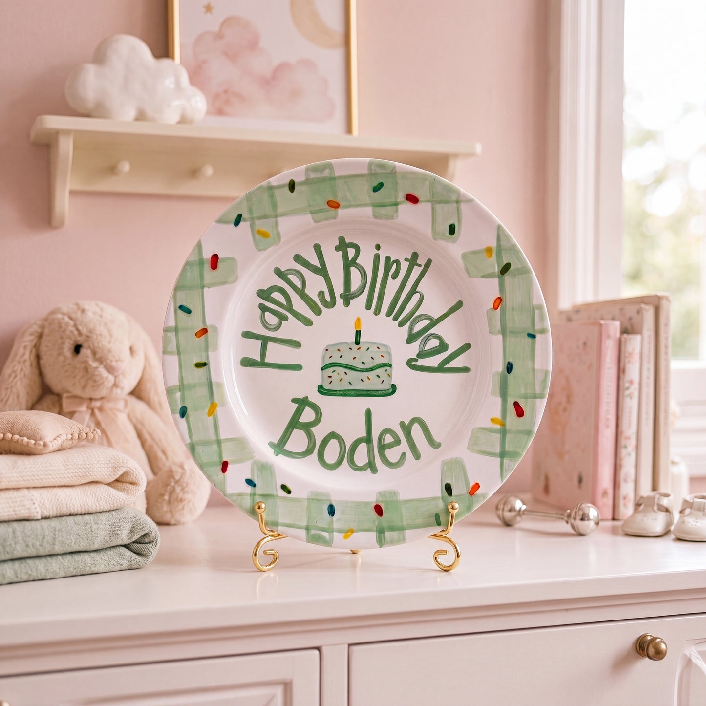 Personalized Birthday Plate – Green Gingham Border & Sprinkle Cake Design | B096