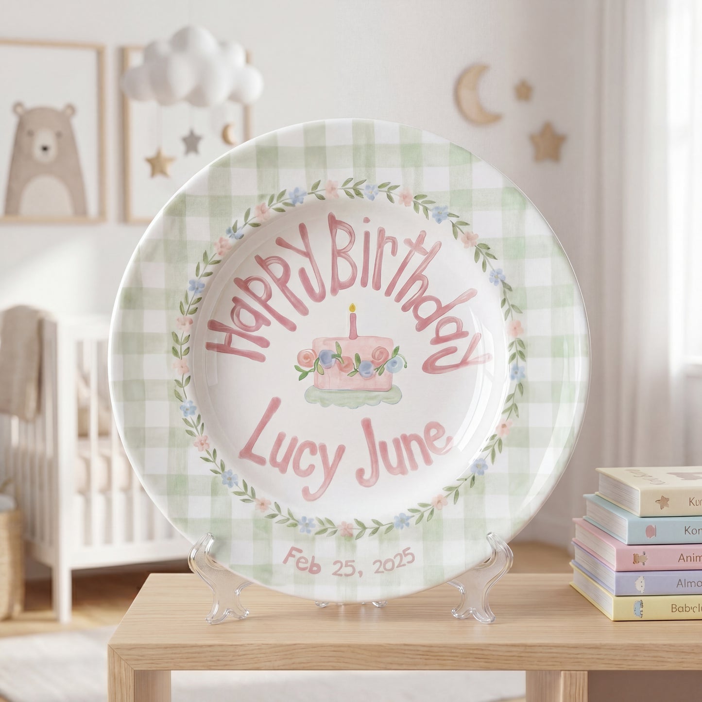 Personalized Birthday Plate – Green Gingham Floral Wreath & Cake Design | B064