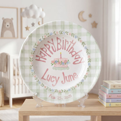 Personalized Birthday Plate – Green Gingham Floral Wreath & Cake Design | B064