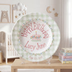 Custom Name Birthday Plate – Green Gingham Floral Cake Design | B064