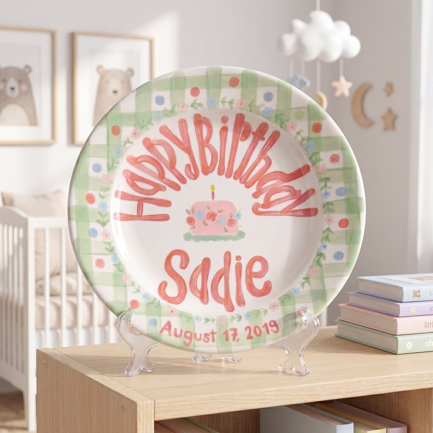 Personalized Birthday Plate – Green Gingham, Flowers & Pink Cake Design | B066
