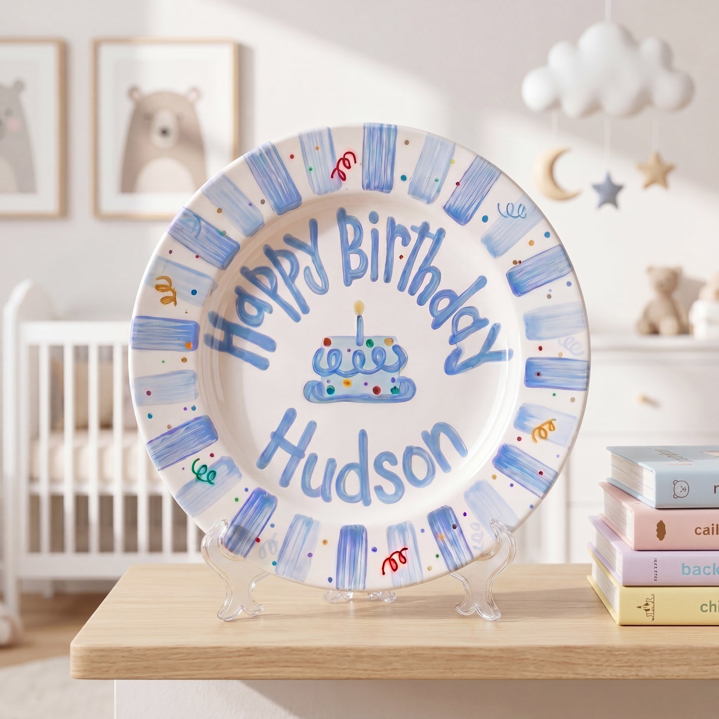 Personalized Birthday Plate – Blue Striped Cake & Sprinkles Design | B009