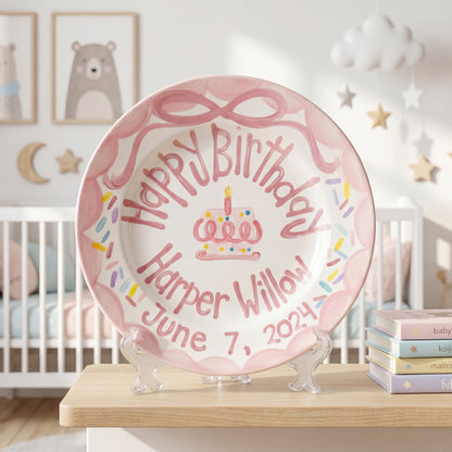 Personalized Birthday Plate – Pink Bow Cake & Sprinkles Design | B026