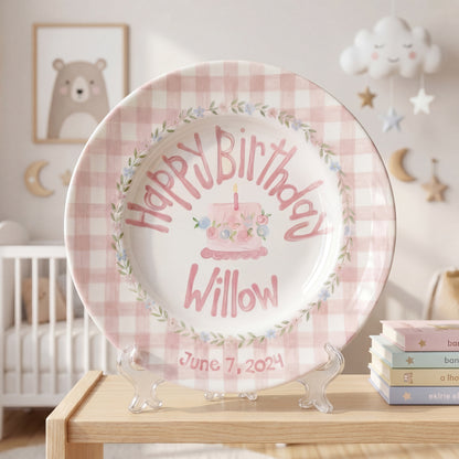 Personalized Birthday Plate – Pink Gingham Floral Wreath & Cake Design | B065