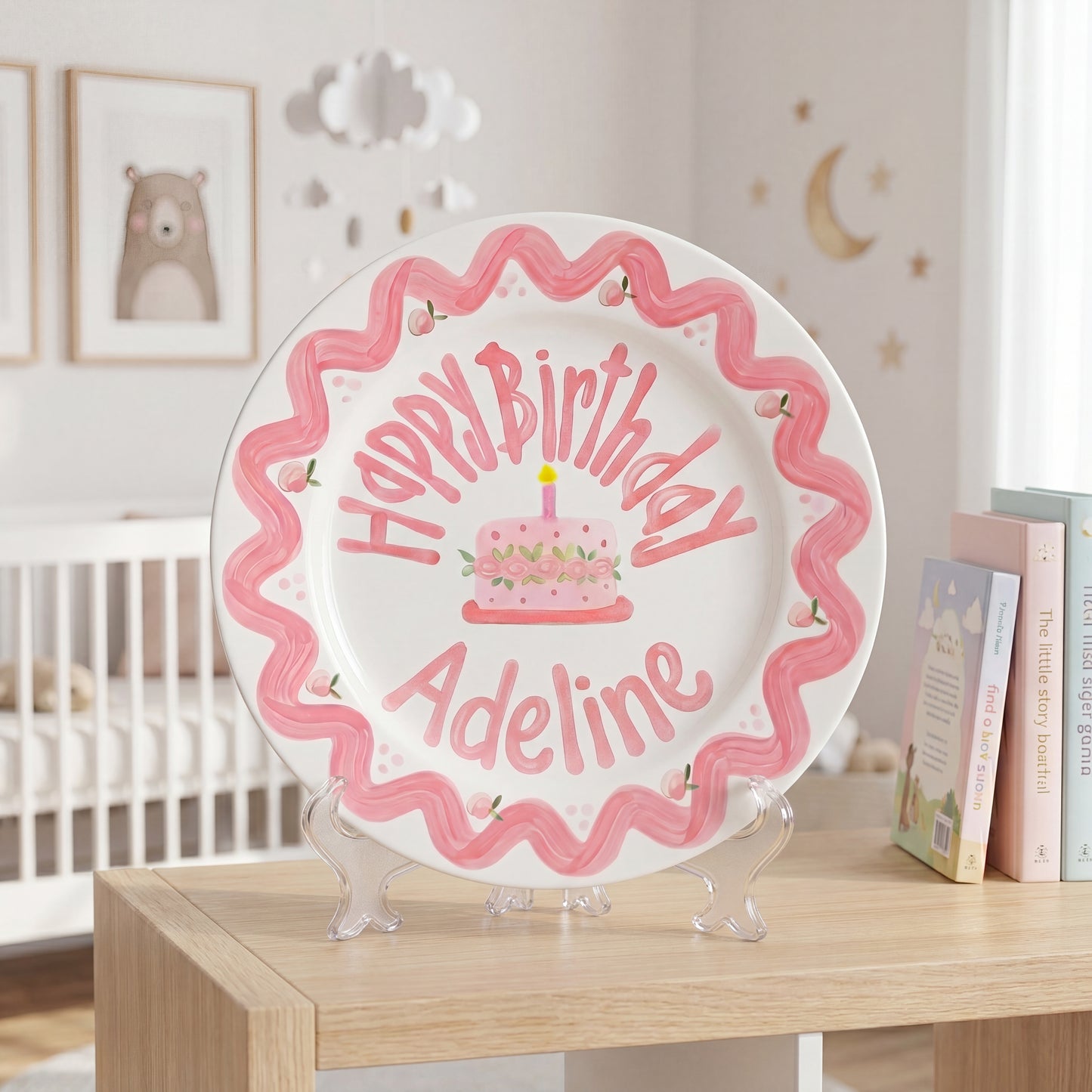Personalized Birthday Plate – Pink Scallop Border & Cake Design | B062