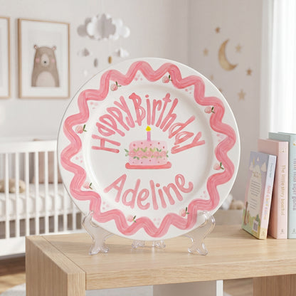 Personalized Birthday Plate – Pink Scallop Border & Cake Design | B062