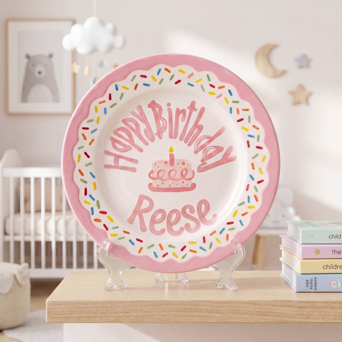 Personalized Birthday Plate – Pink Sprinkles & Cake Design | B061