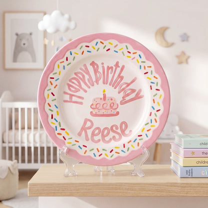 Personalized Birthday Plate – Pink Sprinkles & Cake Design | B061