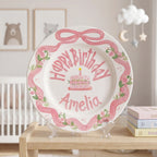 Personalized Birthday Plate – Pink Bow Floral Ribbon & Cake Design | B060