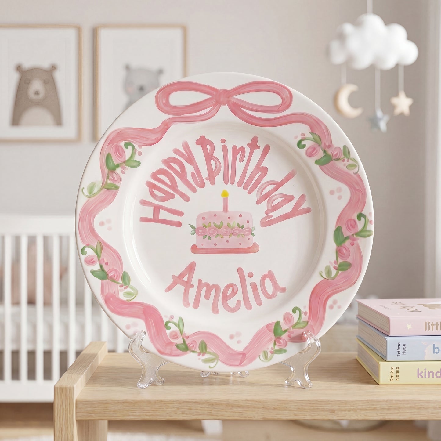 Personalized Birthday Plate – Pink Bow Floral Ribbon & Cake Design | B060