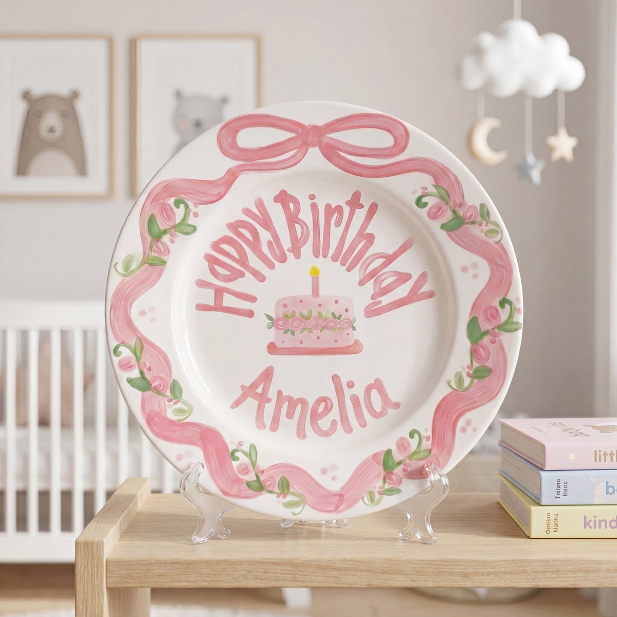 Custom Name Birthday Plate – Pink Ribbon Bow & Rose Cake Design | B060