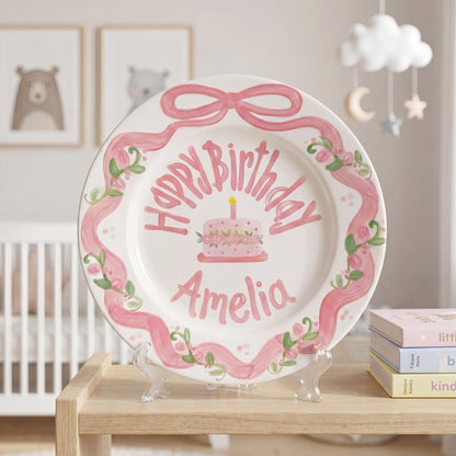 Personalized Birthday Plate – Pink Bow Floral Ribbon & Cake Design | B060