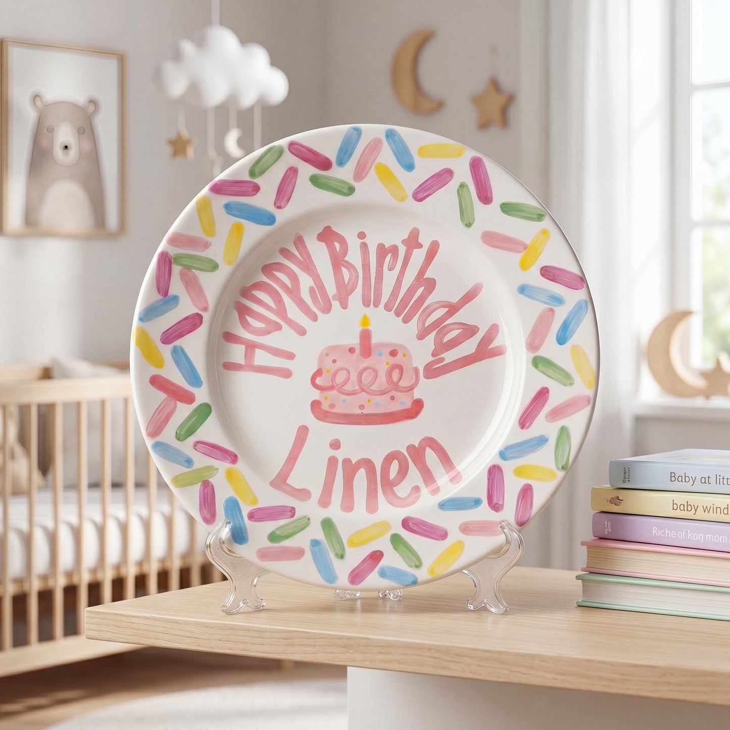 Personalized Birthday Plate – Pink Cake & Colorful Sprinkle Border Design | B055