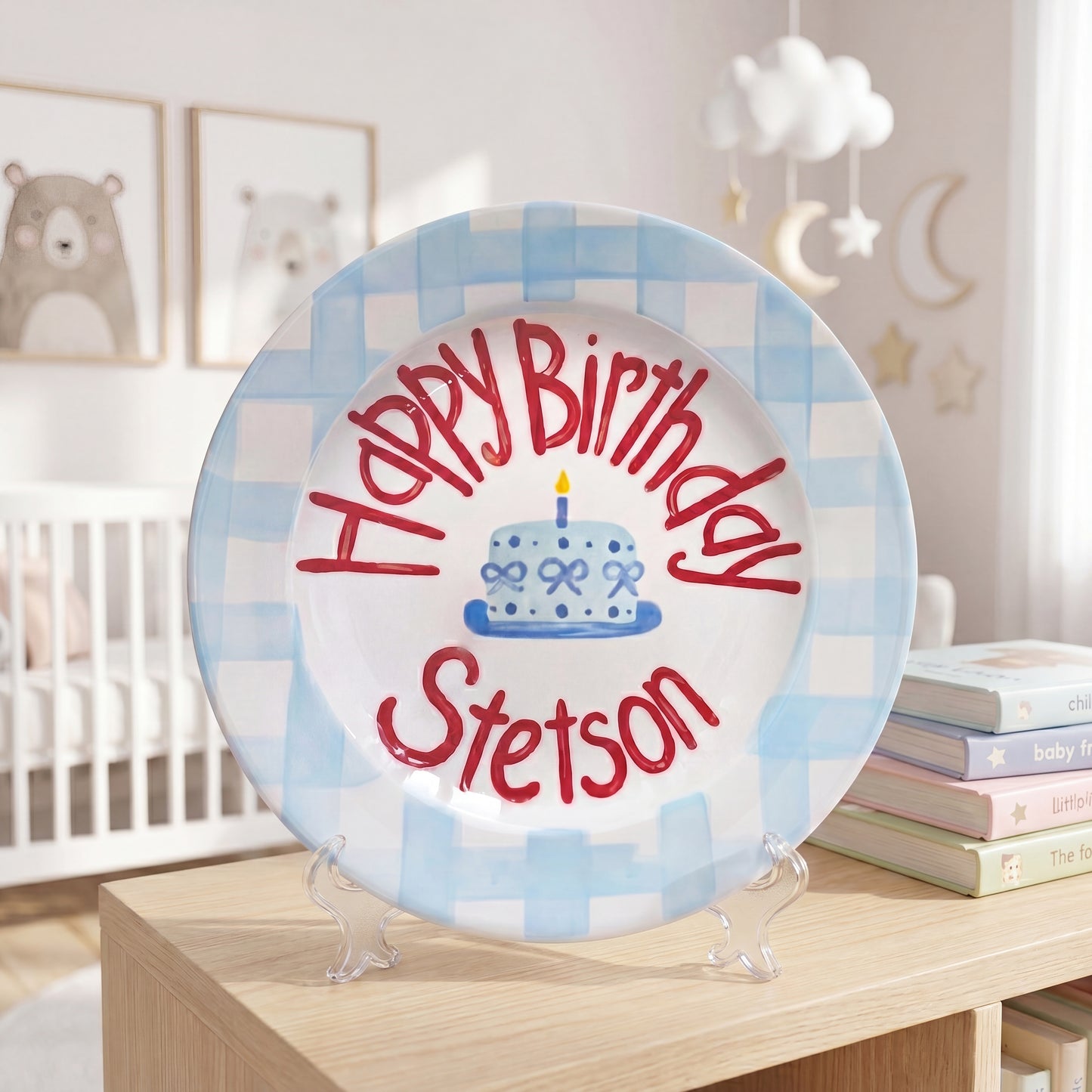 Personalized Birthday Plate – Blue Gingham Border & Blue Cake Design | B054