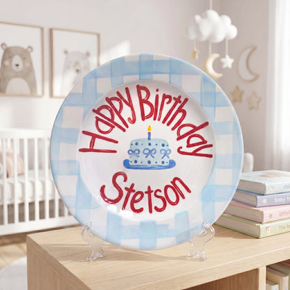 Personalized Birthday Plate – Blue Gingham Border & Blue Cake Design | B054