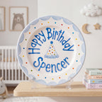 Custom Name Birthday Plate – Blue Scalloped Border & Party Hat Design | B053