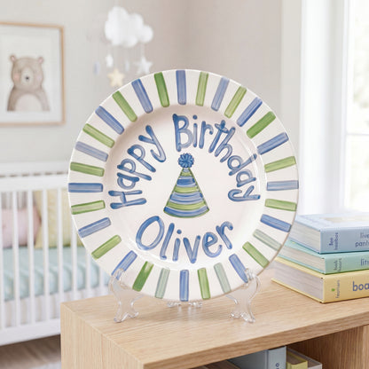 Personalized Birthday Plate – Blue and Green Striped Border & Party Hat Design | B048