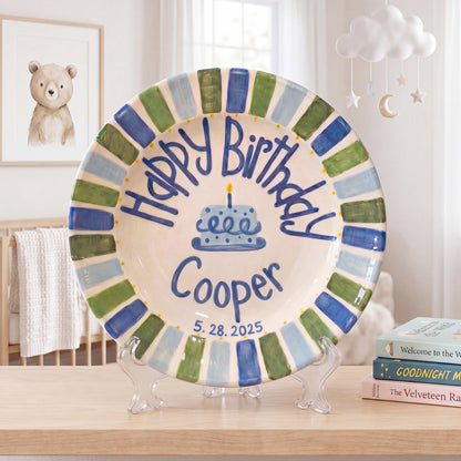 Personalized Birthday Plate – Blue Cake & Green Blue Striped Border Design | B049