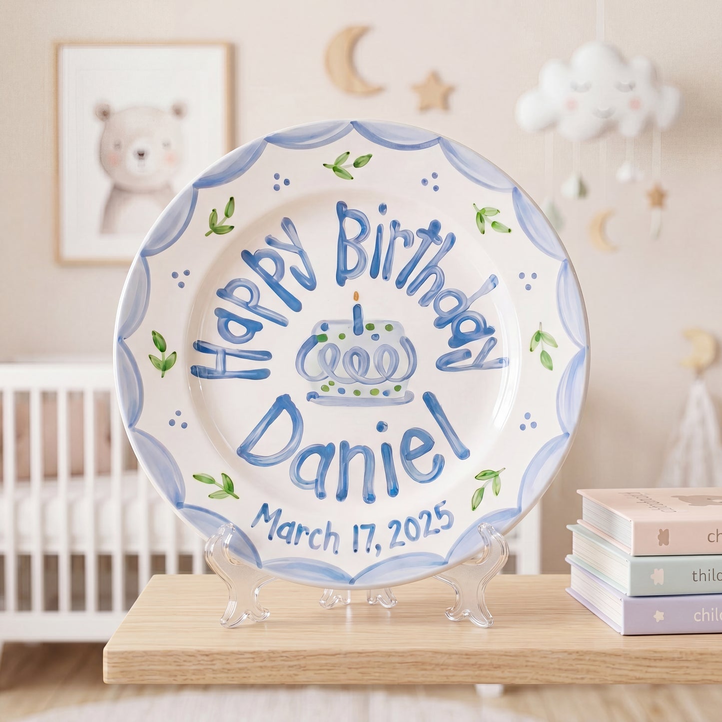 Personalized Birthday Plate – Blue Scalloped Border, Leaf Sprigs & Cake Design | B046
