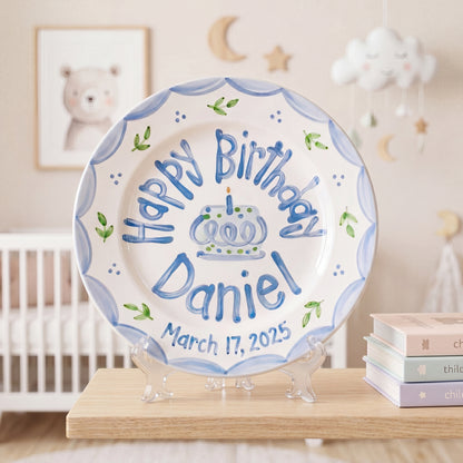 Personalized Birthday Plate – Blue Scalloped Border, Leaf Sprigs & Cake Design | B046