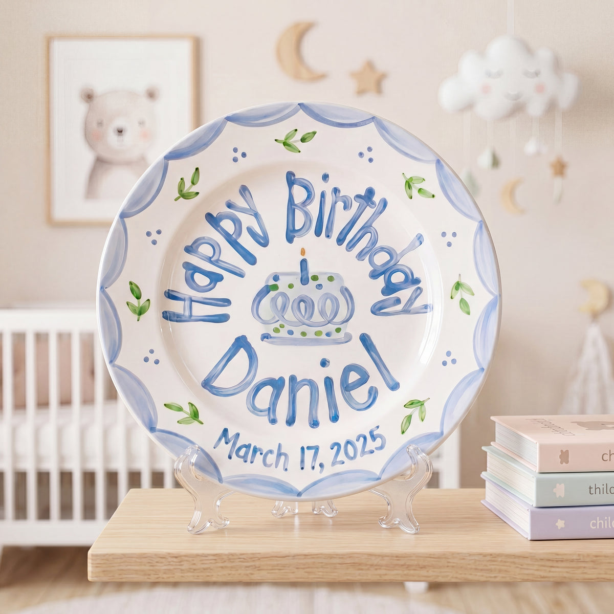 Custom Name Birthday Plate – Blue Scallop Leaf Cake Design | B046