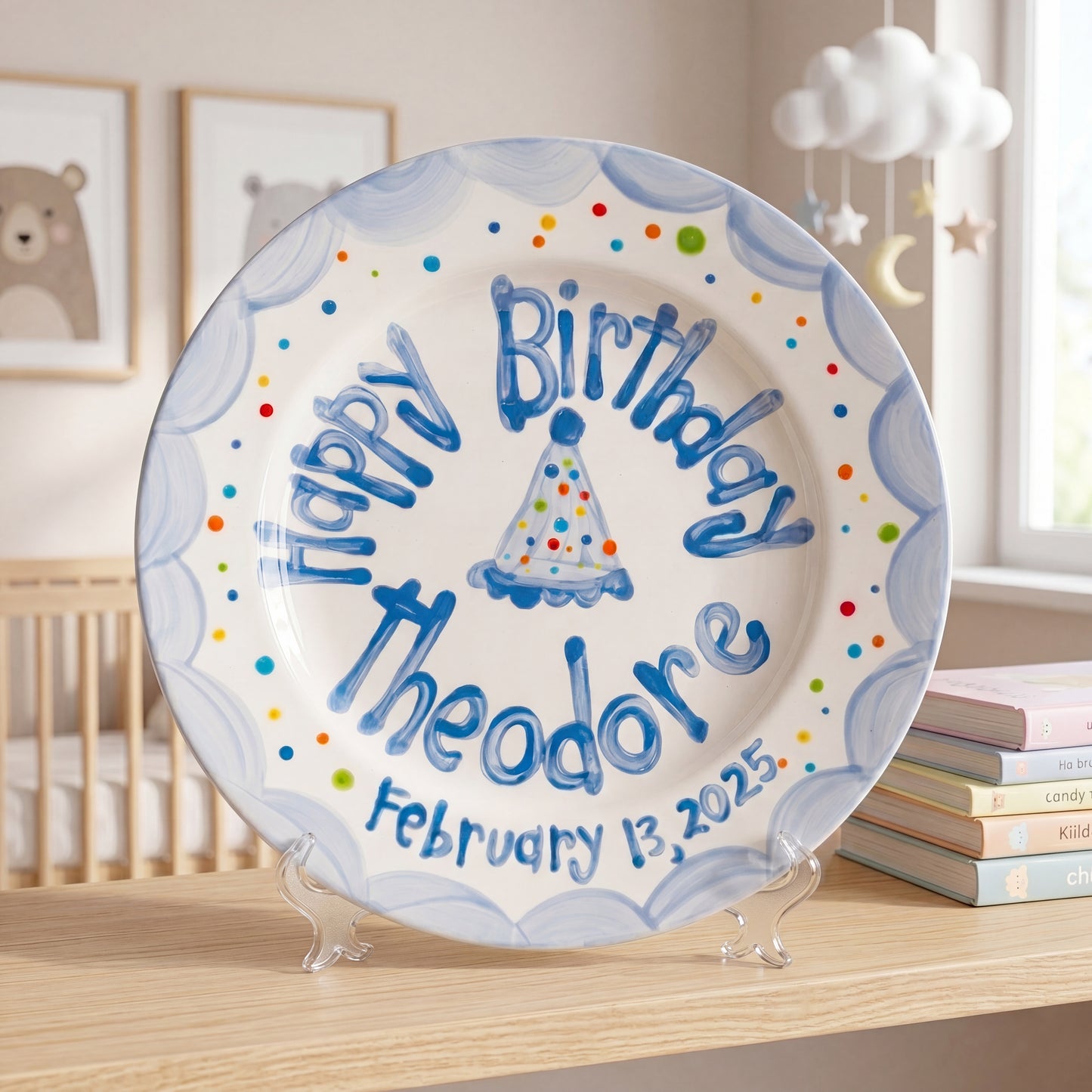 Custom Hand-Painted Ceramic Boy's Birthday Plate Party Hat & Colorful Dots | BHL002