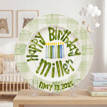 Personalized Birthday Plate Green Gingham Hand-Painted Ceramic | BHL003