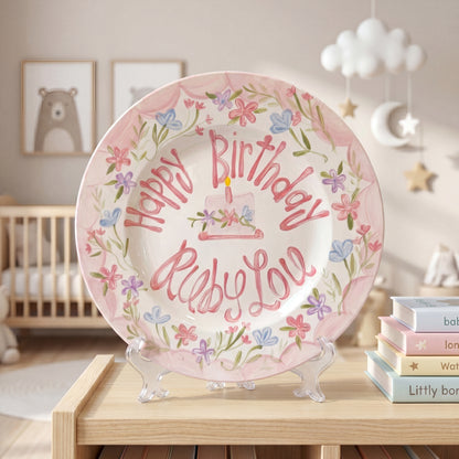 Personalized Handcrafted Ceramic Plate Heirloom Pink Border & Wildflowers | BHL004