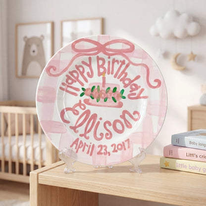 Personalized Birthday Plate – Pink Gingham Bow & Floral Cake Design | BHL006