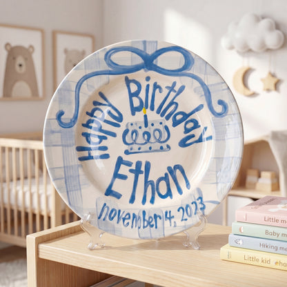 Personalized Birthday Plate – Blue Gingham Bow & Blue Cake Design | BHL007