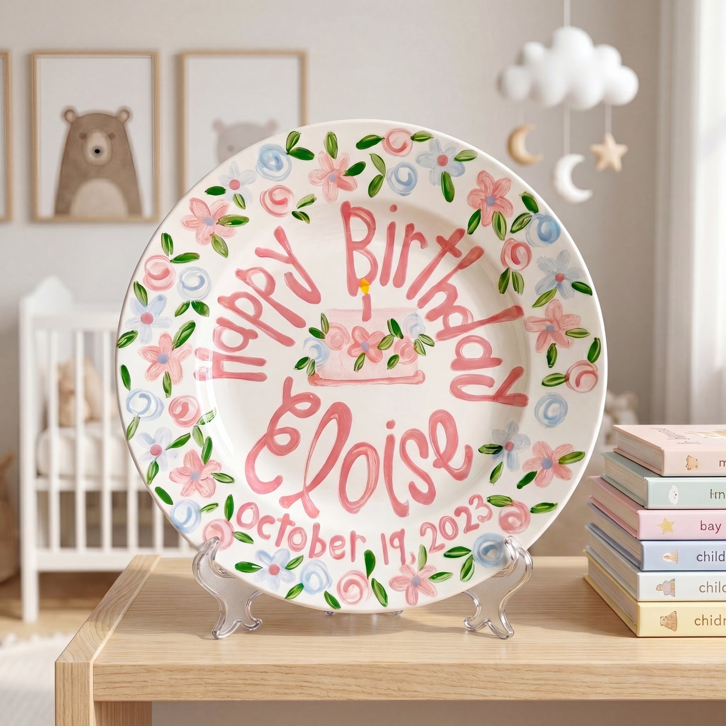 Personalized Birthday Plate – Pink Floral Cake & Garden Flower Border Design | BHL008