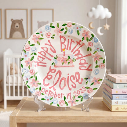 Personalized Birthday Plate – Pink Floral Cake & Garden Flower Border Design | BHL008