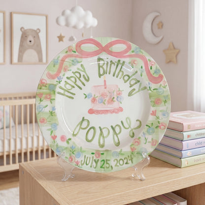 Personalized Birthday Plate – Green Gingham Pink Bow & Floral Cake Design | BHL009