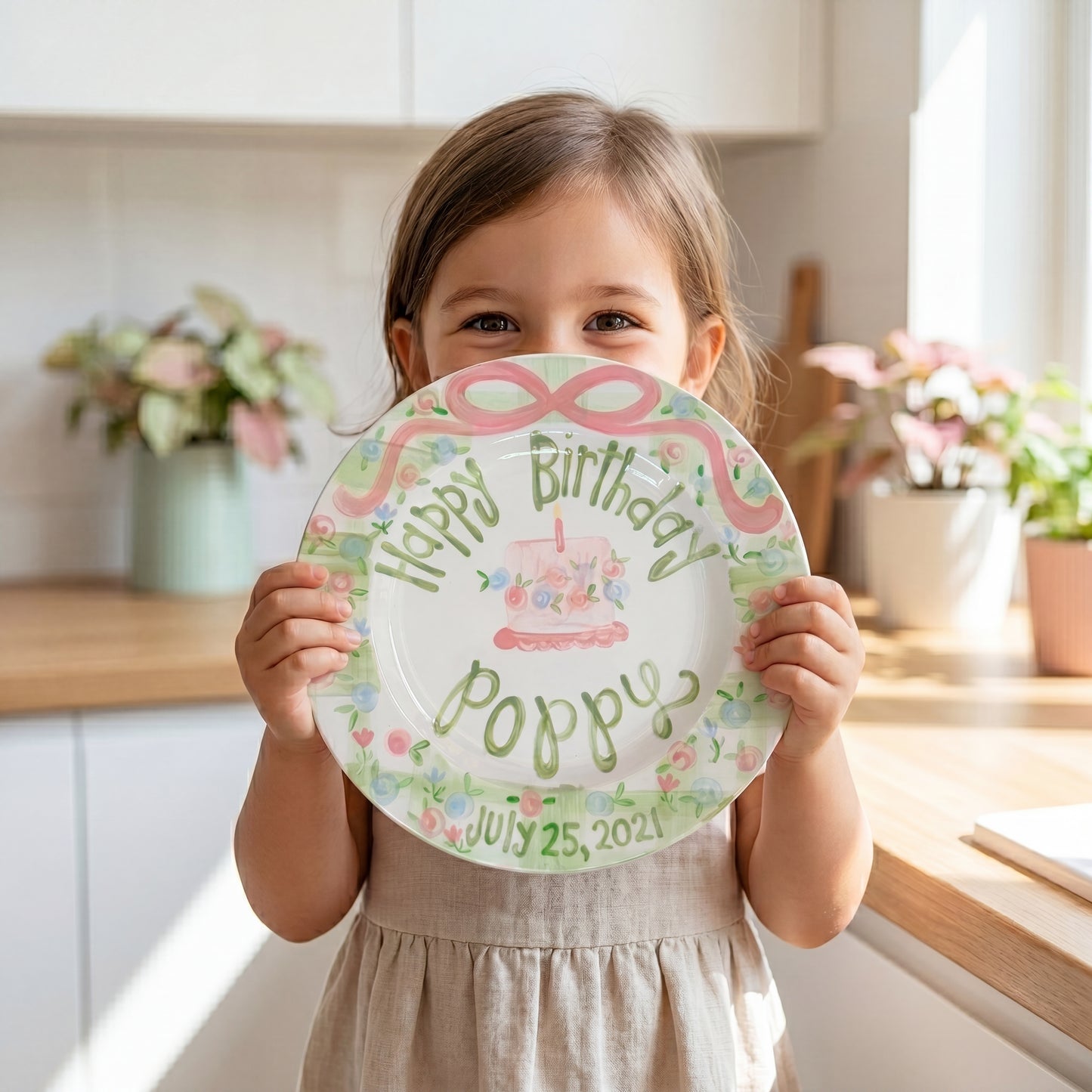Personalized Birthday Plate – Green Gingham Pink Bow & Floral Cake Design | BHL009