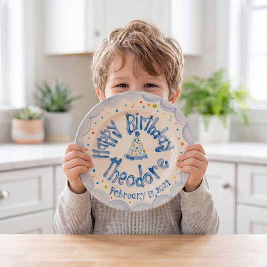 Custom Hand-Painted Ceramic Boy's Birthday Plate Party Hat & Colorful Dots | BHL002