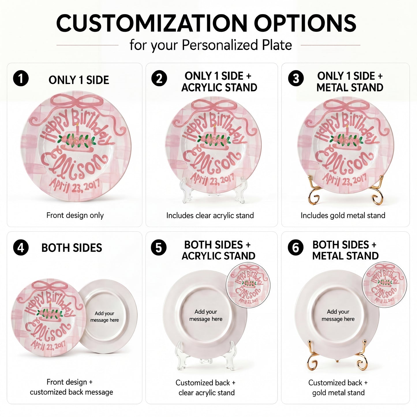Personalized Birthday Plate – Pink Gingham Bow & Floral Cake Design | BHL006