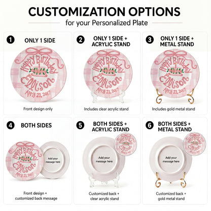 Personalized Birthday Plate – Pink Gingham Bow & Floral Cake Design | BHL006