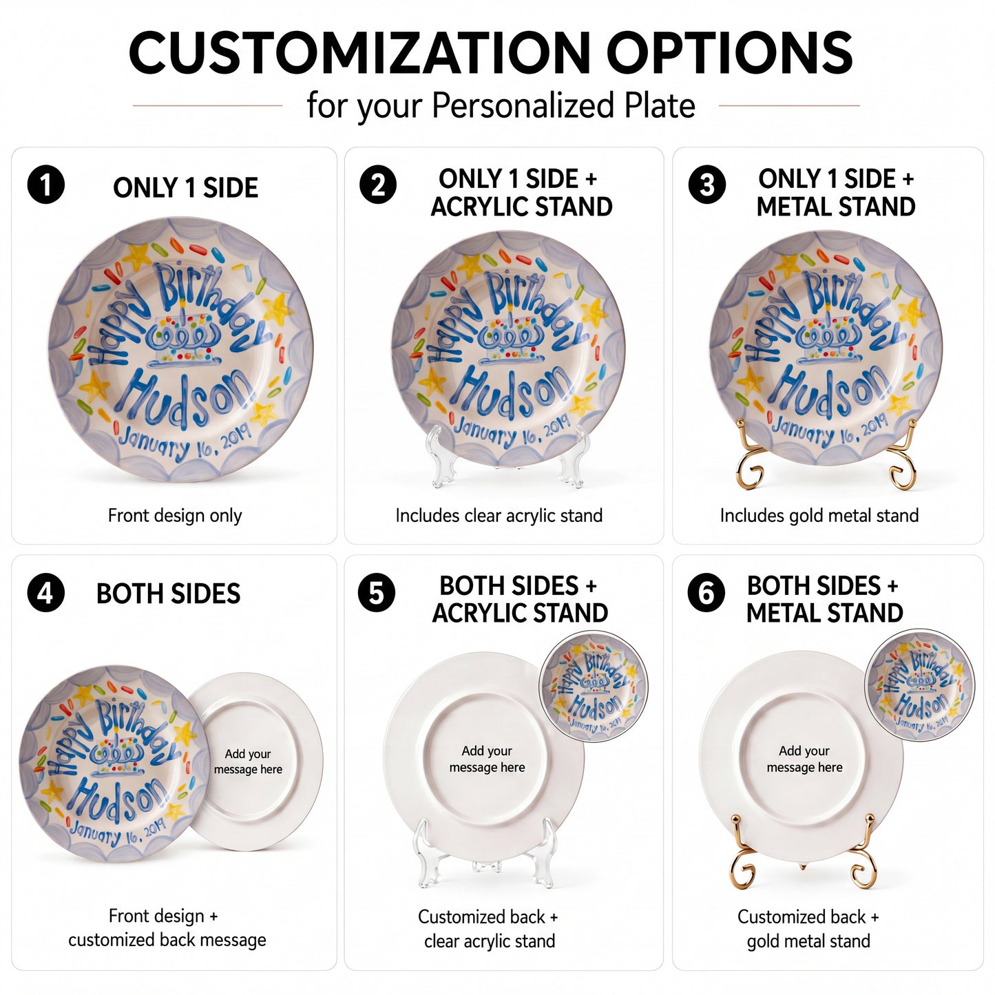 Personalized Birthday Plate – Blue Scalloped Border, Yellow Stars & Sprinkle Cake Design | BHL013
