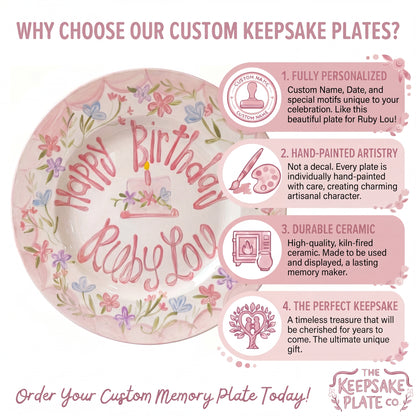 Personalized Handcrafted Ceramic Plate Heirloom Pink Border & Wildflowers | BHL004