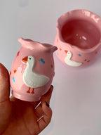 Cute White Duck Pink 3D Ceramic Matcha Bowl and Whisk Holder Set • HX01