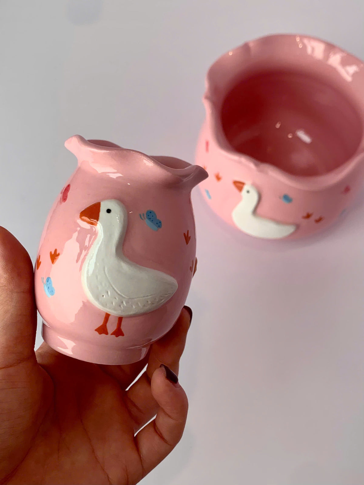 Cute White Duck Pink 3D Ceramic Matcha Bowl and Whisk Holder Set • HX01